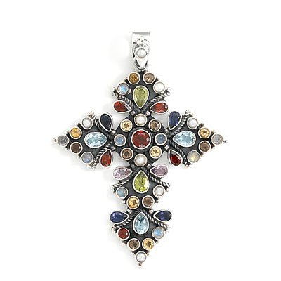 Oxidized Multicolor Stone Cross Pendant(7917)