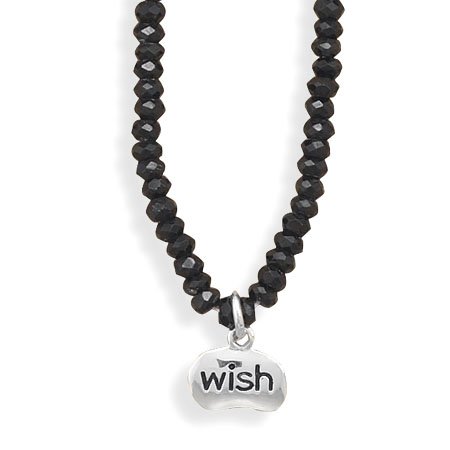 Black Spinel Bead Necklace with "wish" Charm(33228)