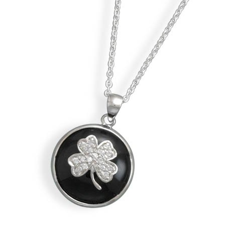 18" Black Onyx and CZ Clover Necklace(33309)