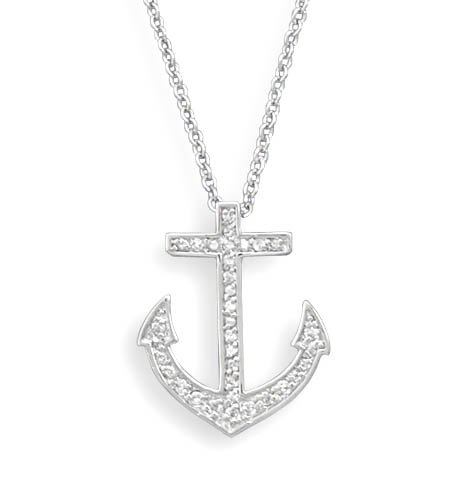 18" Rhodium Plated CZ Anchor Necklace(33129)