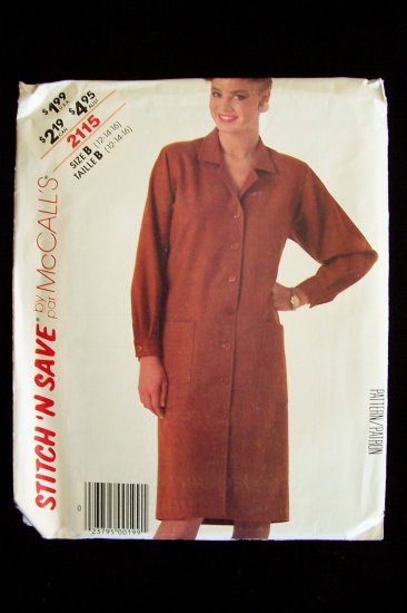 McCall’s 2115 Stitch N Save Coat Dress Sewing Pattern Vintage 80’s Uncut Size 12-16