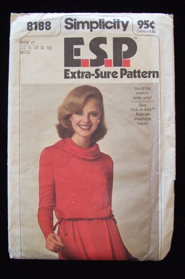 Vintage 70s Simplicity 8188 Cowl Neck Long Sleeve Stretch Knit Dress Pattern