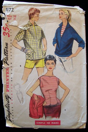 Vintage 50s Simplicity 1172 Bateau Sleeveless Blouse and Pullover Top Sewing Pattern Size 16
