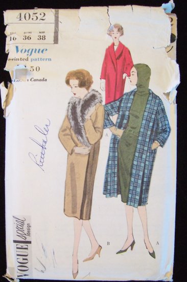 Vintage 50s Vogue Special Design 4052 Shawl Collar Winter Coat Pattern Uncut Size 16