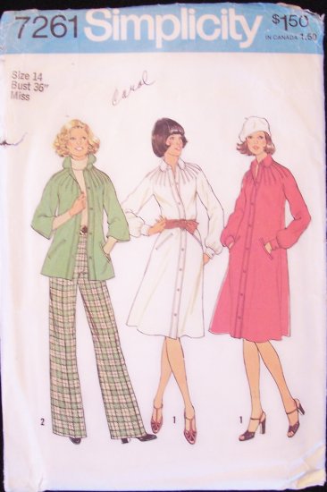 Vintage 70s Simplicity 7261 Raglan Sleeve Shirt Dress and Pants Pattern Size 14 Uncut