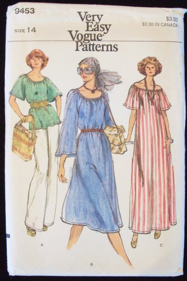 Vintage 70s Vogue 9453 Scoop Neck Maxi Dress Tunic Top Pants Pattern Size 14 Uncut