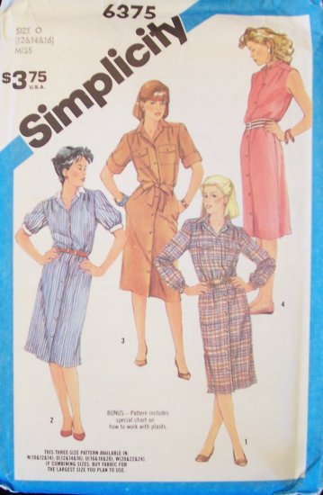 Retro 80s Simplicity 6375 Shirtwaist Dress Pattern Button Front Sleeveless Uncut Size 12-16