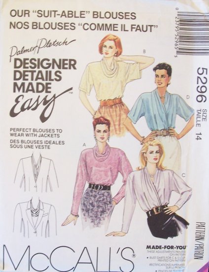 McCall’s 5296 Blouse Pattern Wrap Front Cowl Collar and Draped Style Uncut Size 14