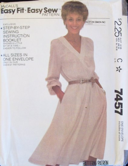 Retro 80s McCall’s 7457 V-Neckline Loose Fit Dress Pattern Flared Skirt Uncut Multi Size