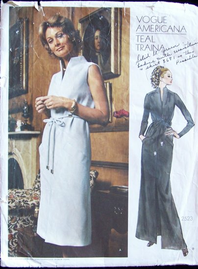 Vintage Vogue Americana 2523 Teal Traina Evening Dress Pattern Standing Open Slit Neckline