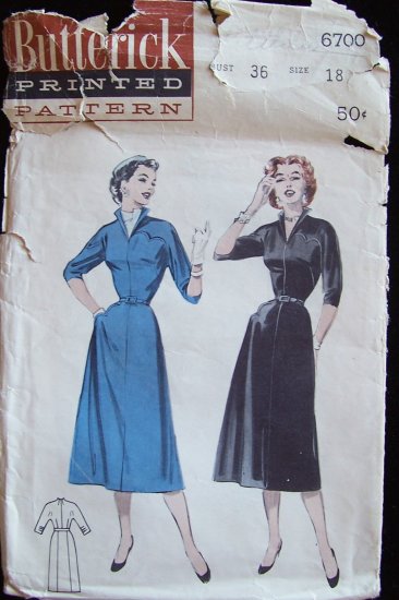 Vintage 50s Butterick 6700 Wing Collar Day Dress Pattern Size 18
