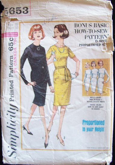 Vintage 60s Simplicity 5653 Wiggle Dress Pattern Slim Skirt Jewel or Scoop Neck Size 16