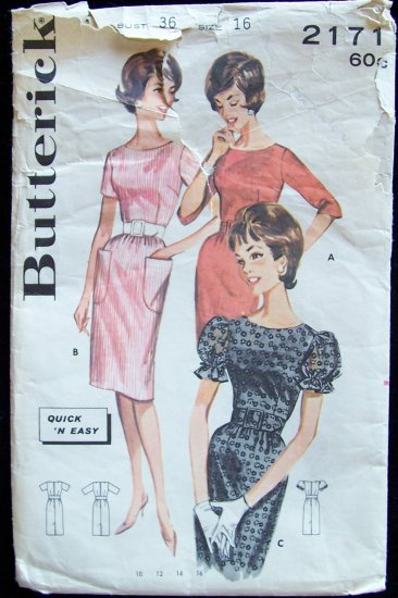Vintage 60s Butterick 2171 Wiggle Dress Pattern Puff Sleeve size 16