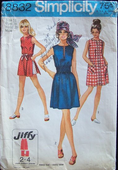 Vintage 70s Simplicity 8832 Summer Mini Dress or Tunic Top and Shorts Pattern Size 16
