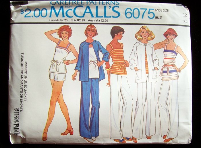 Vintage 70s McCall’s 6075 Raglan Sleeve Jacket Tunic Top Pants or Shorts Pattern Uncut
