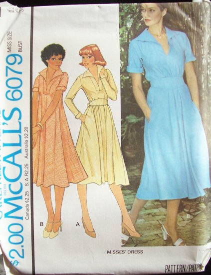 Vintage 70s McCall’s 6079 Bias Cut Pullover Dress Pattern V-Neckline Collar Side Pockets Uncut
