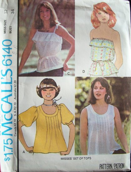 Vintage 1978 McCall’s 6140 Four Style Summer Tops Pattern Pullover and Strapless Uncut Size 12