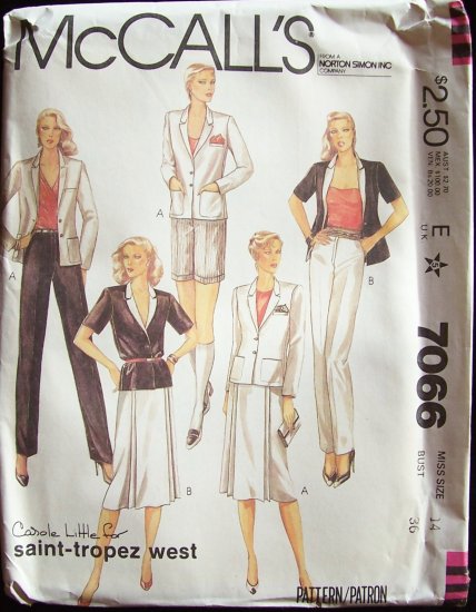 Vintage 80s McCall’s 7066 Carole Little Saint Tropez Jacket Wrap Skirt Pants or Shorts Pattern