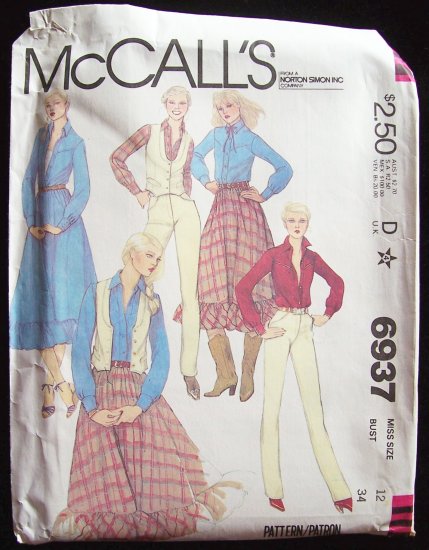 Vintage 1980’s McCall’s 6937 Western Vest Prairie Skirt and Pants Pattern Uncut Size12