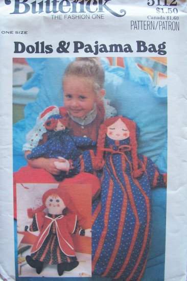 Vintage 70âs Butterick 5112 Doll and Pajama Bag and Embroidery Pattern Uncut