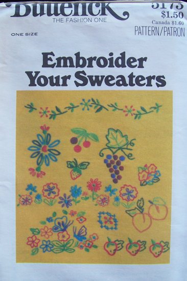 Vintage Butterick 5173 Embroidery Your Sweater Transfer Pattern Uncut Fruit Flowers and More