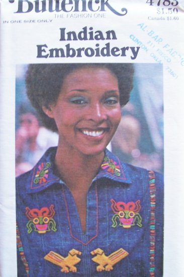 Vintage Butterick 4783 Native American Indian Embroidery Transfer Pattern Uncut