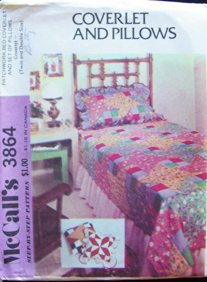 Vintage 70âs McCallâs 3864 Patchwork Bed Coverlet and Pillows Pattern Uncut Twin Double