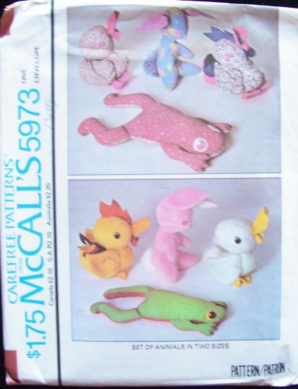 Vintage 70âs McCallâs 5973 Stuffed Frog Duck Rabbit Chicken Animal Sewing Pattern Uncut
