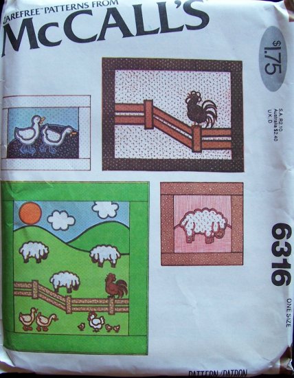 Vintage 70s McCallâs 6316 Farm Quilt Wall Hanging Pillow Pattern Sheep Rooster Ducks Chickens