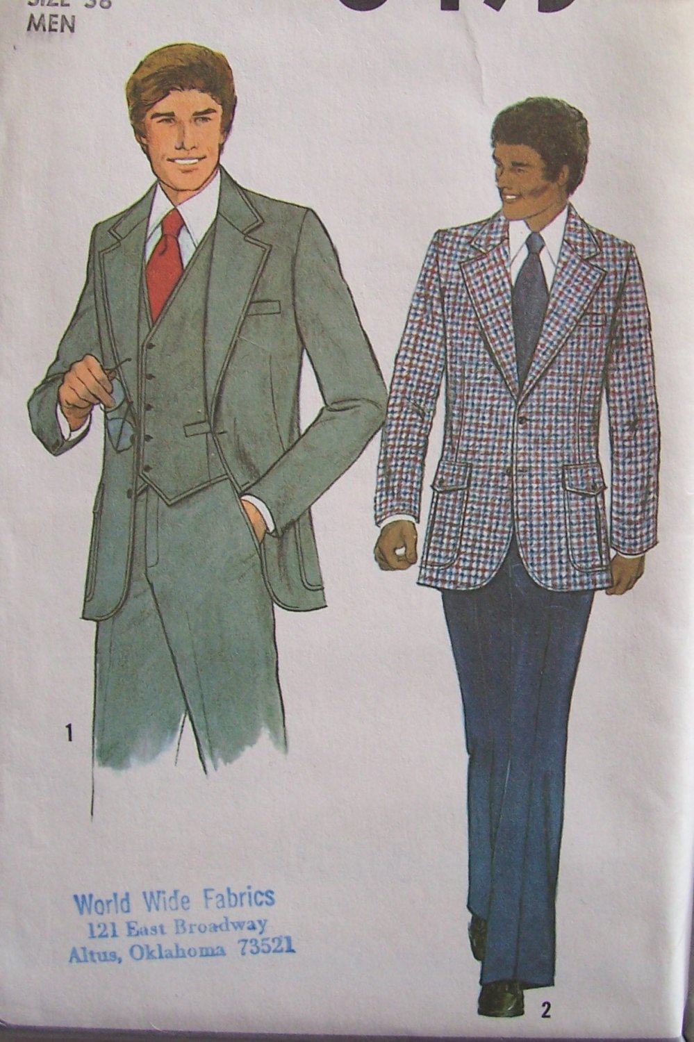 Vintage 70s Simplicity 8493 Menâs Vest Suit Jacket and Pants Pattern Uncut Size 38