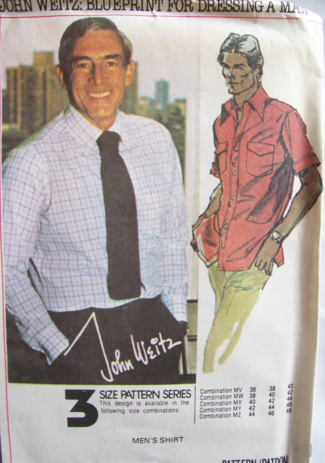 Vintage 70s McCall’s 5741 John Weitz Men’s Dress Shirt Sewing Pattern Uncut Size 38-42