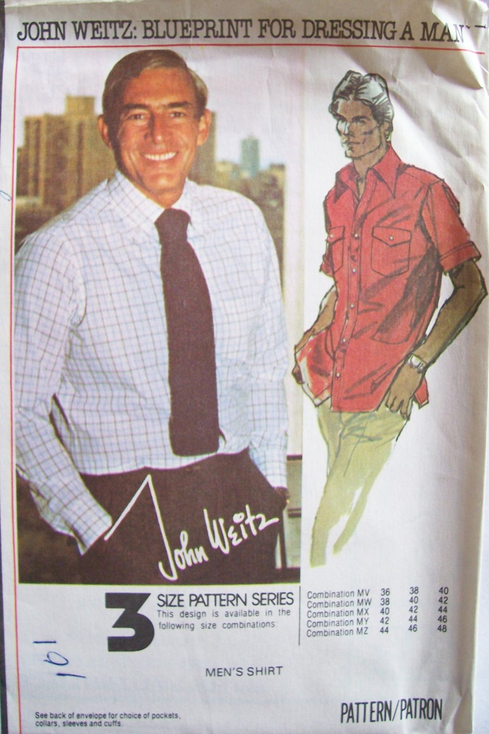 Vintage McCall’s 5741 Men’s Dress Shirt Pattern Front Button John Weitz Uncut Size 36-40