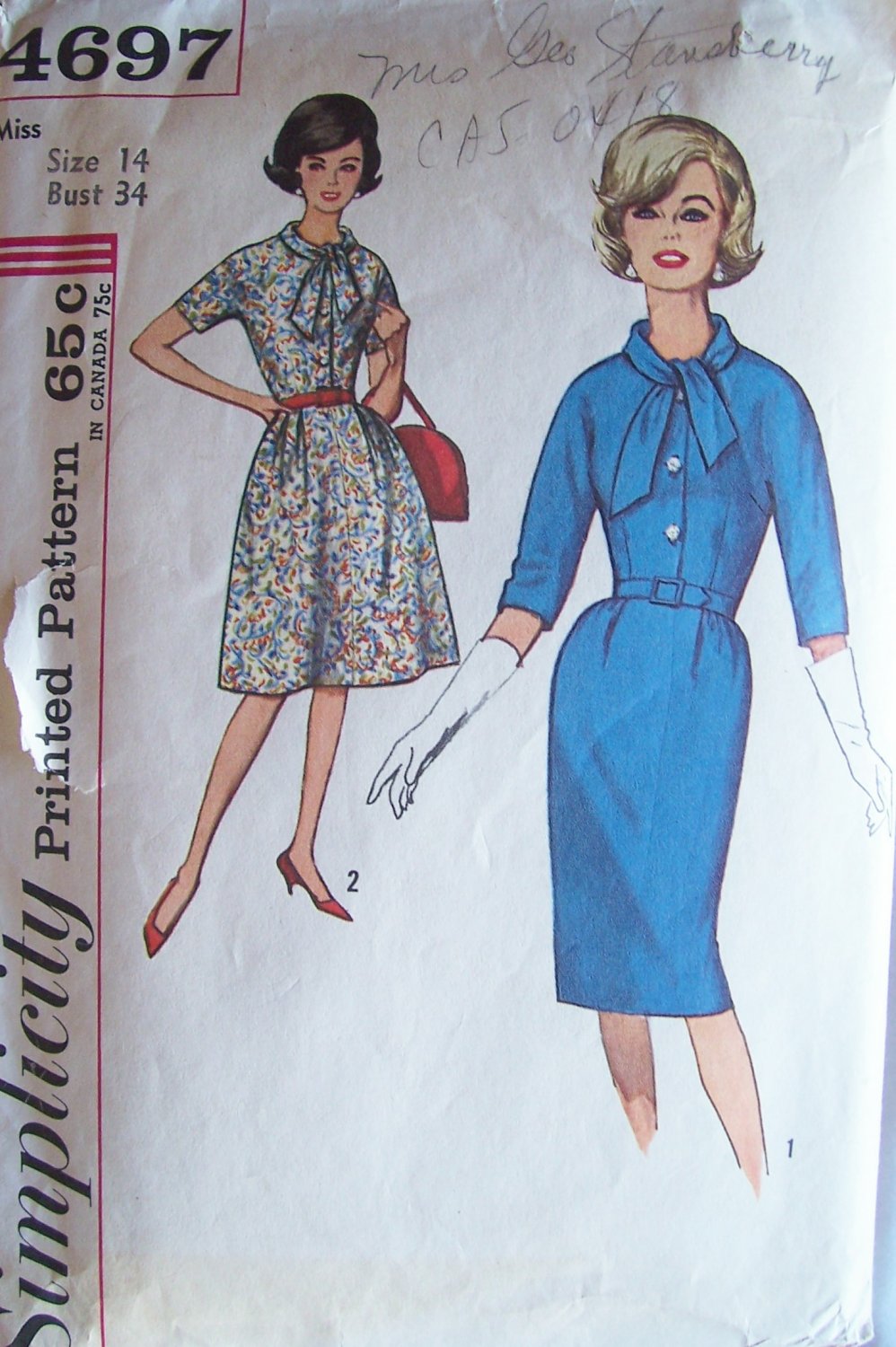 Vintage 60s Simplicity 4697 Kimono Sleeve Dress Straight or Full Skirt Pattern Size 14