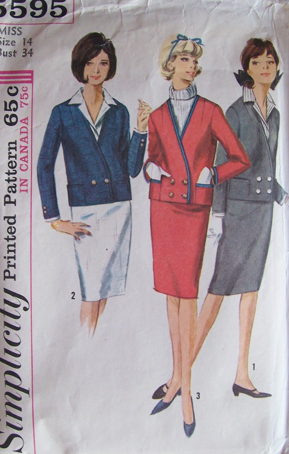 Vintage 60s Simplicity 5595 Suit Dress Dickey and Cuffs Pattern Size 14 Jacket and Skirt