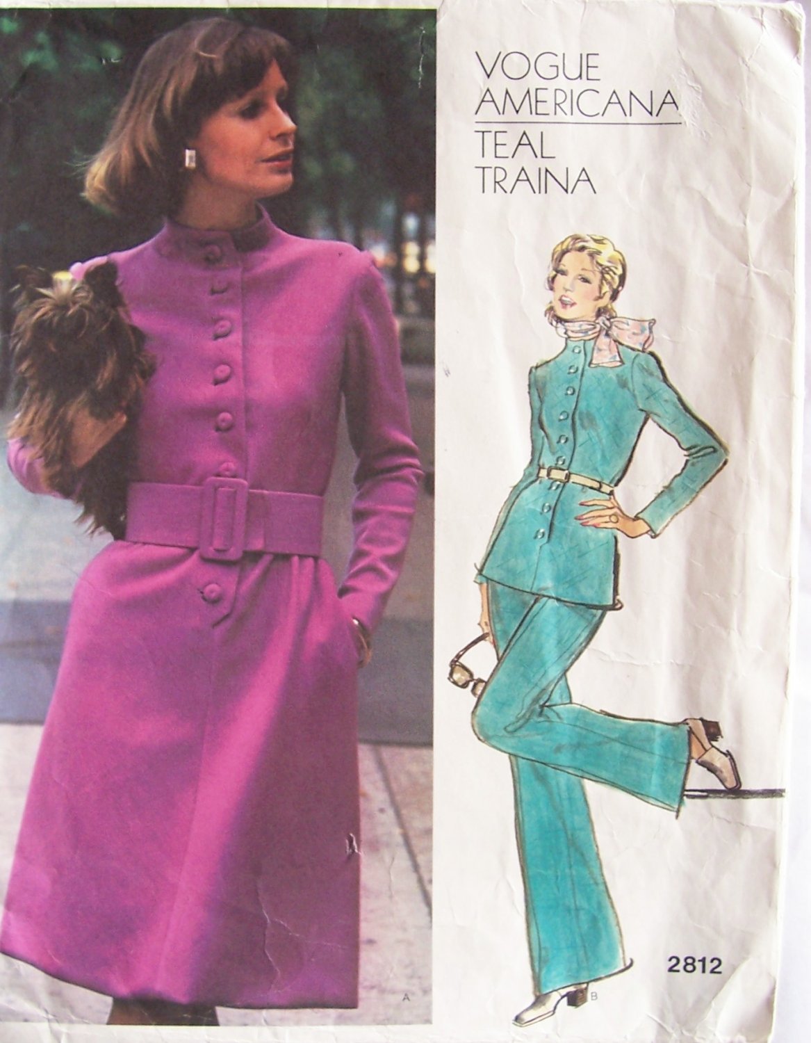 Vintage 70s Vogue 2812 Americana Teal Traina Standing Collar Tunic Dress Pants Pattern Bust 32.5