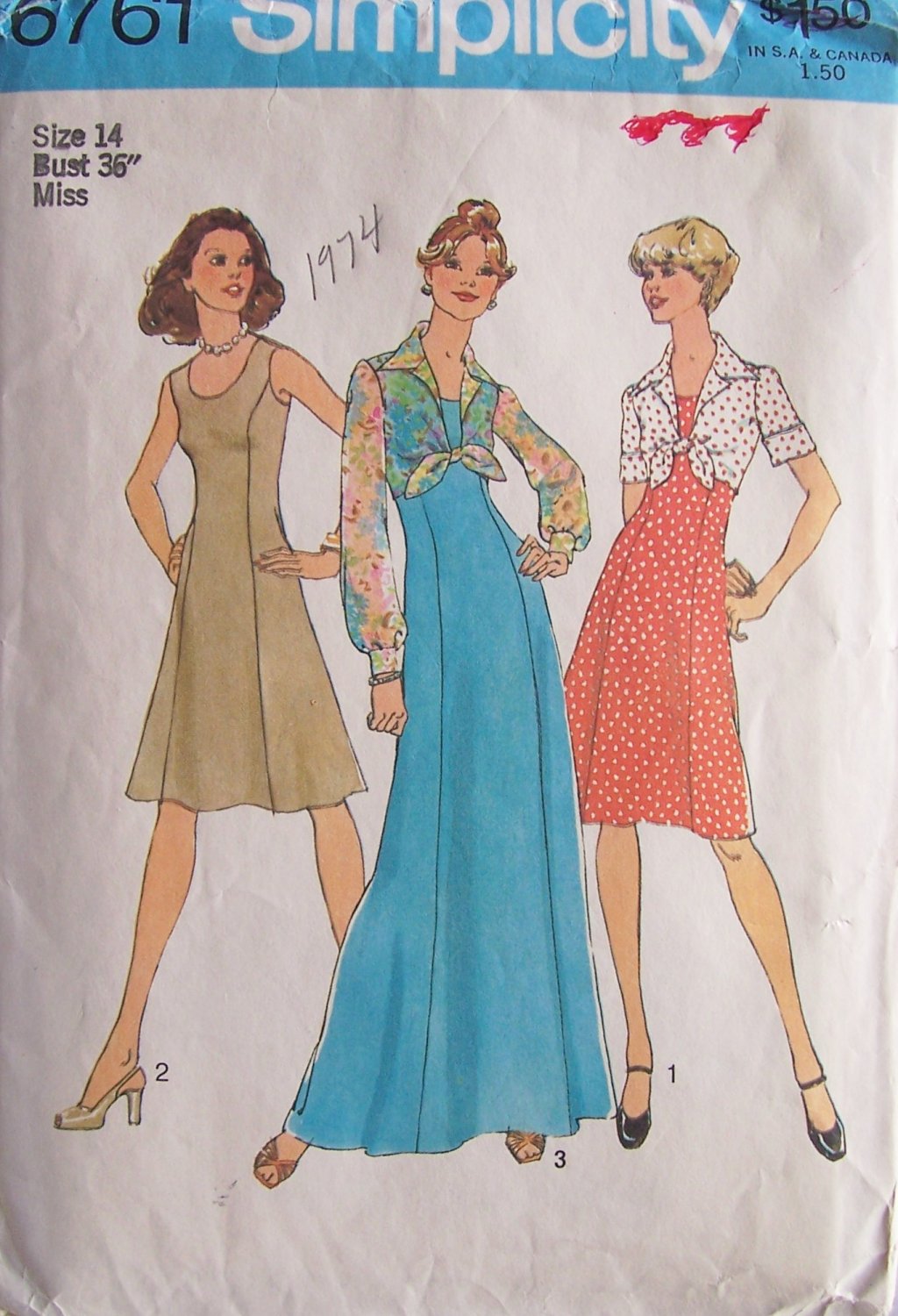 Vintage 70s Simplicity 6761 Princess Seamed Maxi Dress and Jacket Pattern Uncut Size 14 Bust 36
