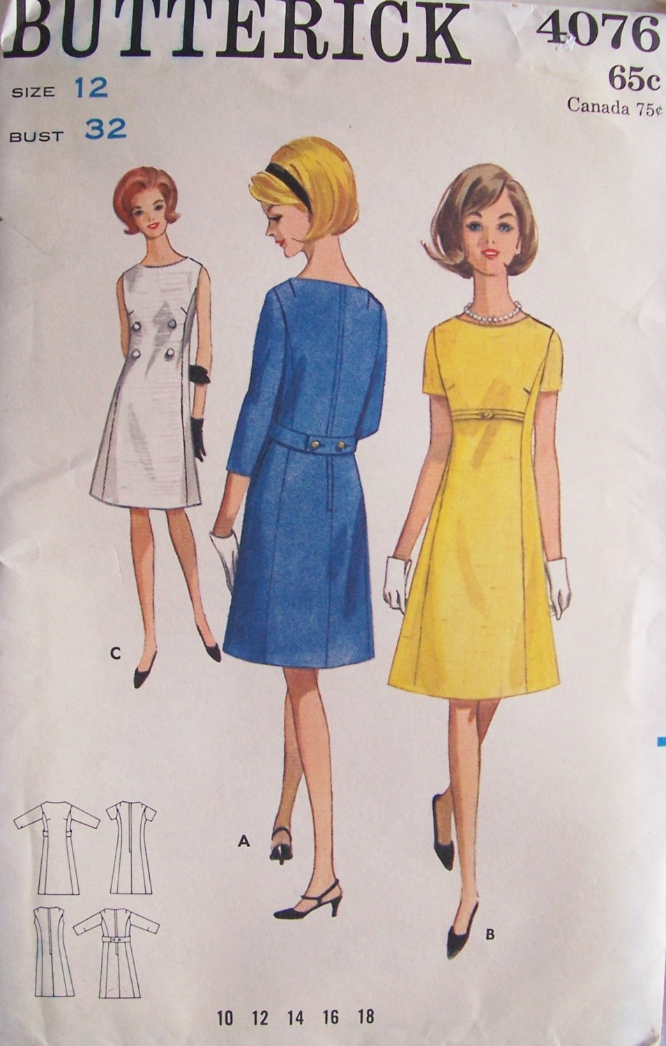 Vintage 60s Butterick 4076 A-Line Dress Pattern Uncut Size 12 Bust 32 Sleeveless or Short