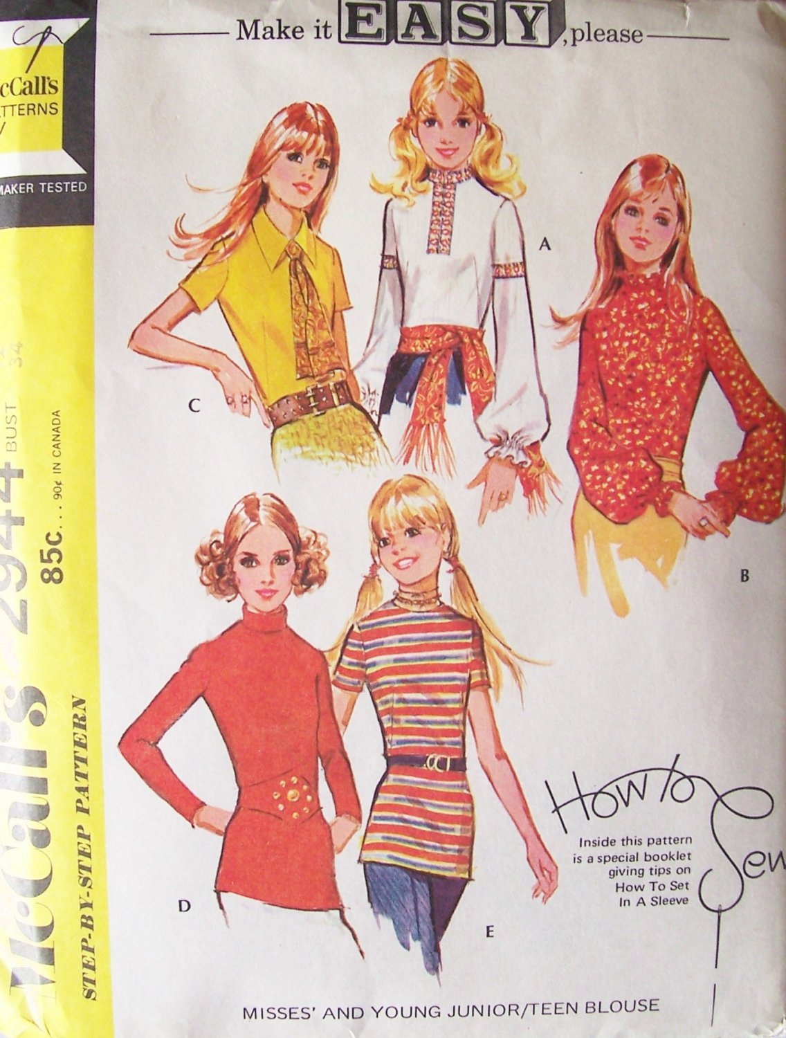 Vintage 70s McCall’s 2944 Back Zip Blouse Pattern Uncut Size 12 Bust 34 Long or Sleeveless