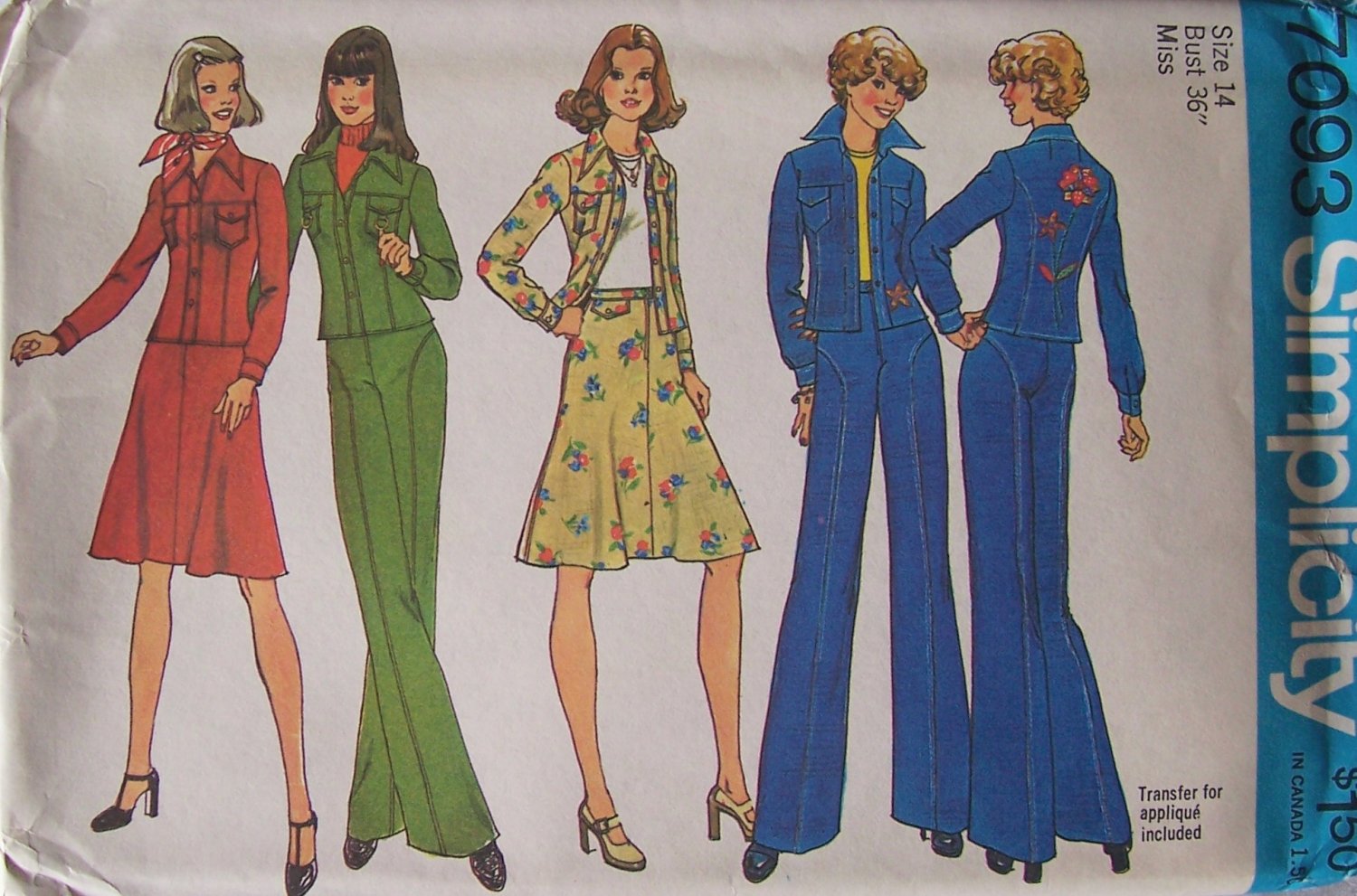 Vintage Simplicity 7093 Pants Appliqué Shirt Jacket Skirt and Pants Pattern Uncut Size 14