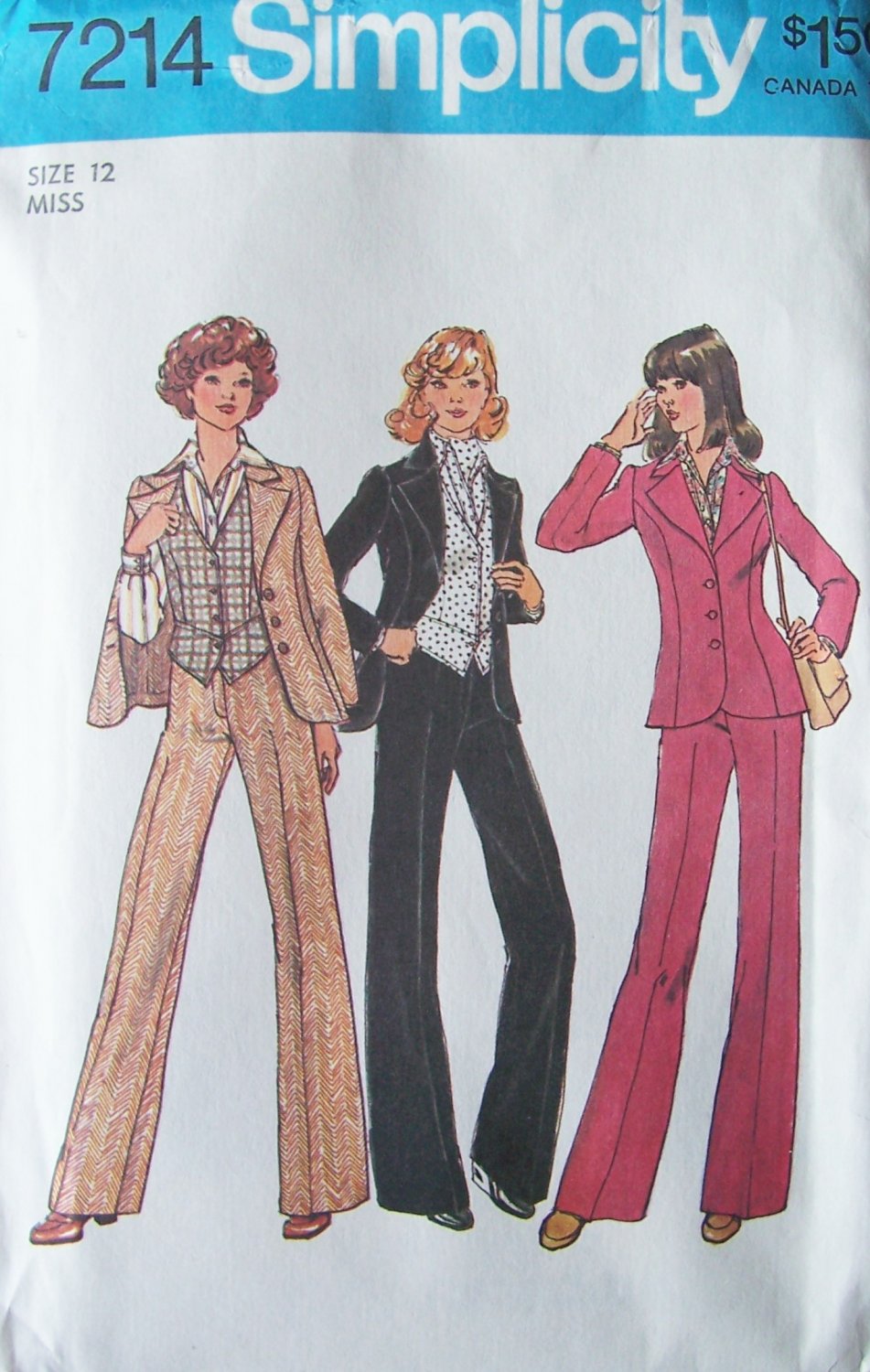 Vintage 70s Simplicity 7214 Wide Leg Pants Vest Shirt and Ascot Pattern Uncut Size 12 Bust 34