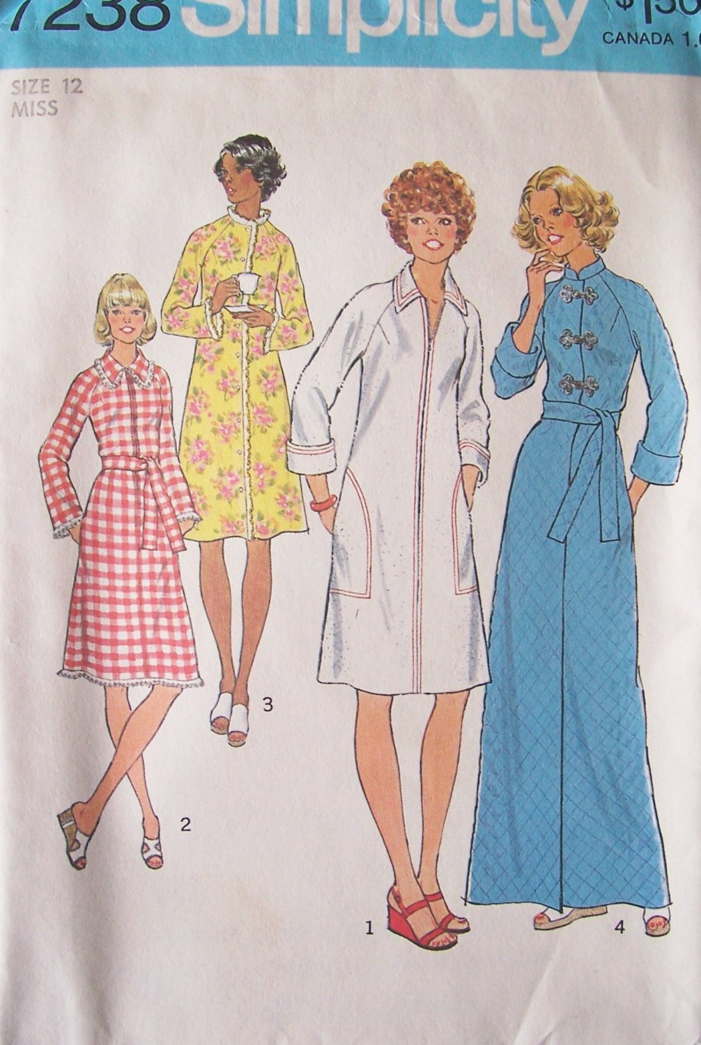 Vintage 70s Simplicity 7238 Long or Short Robe Pattern Raglan Sleeve Uncut Size 12