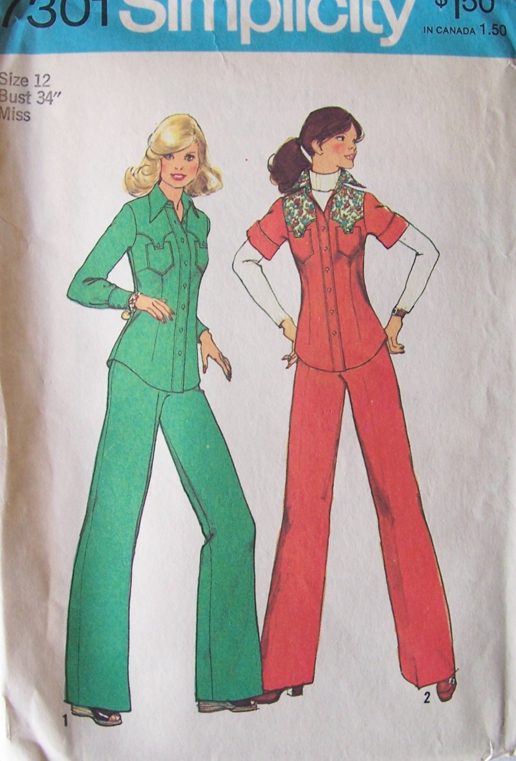 Vintage 70s Simplicity 7301 Yoked Shirt Jacket Wide Leg Pants Pattern Uncut Size 12 Bust 34