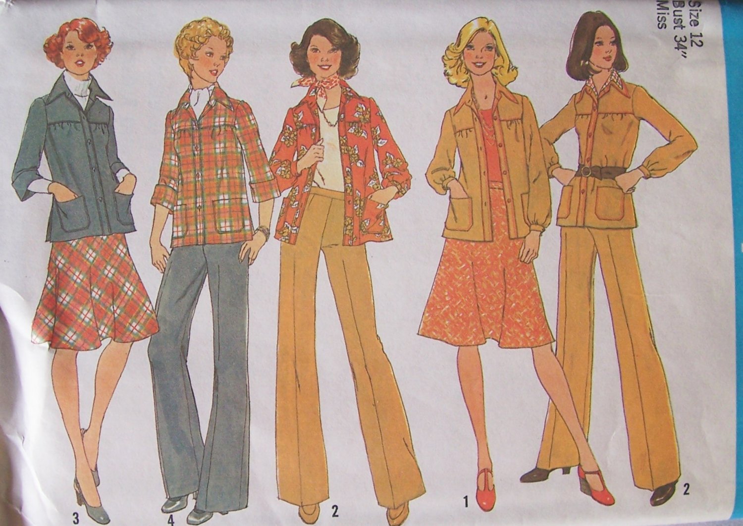 Vintage 70s Simplicity 7096 Shirt Jacket Bias Skirt Pants Pattern Uncut Size 12 Bust 34