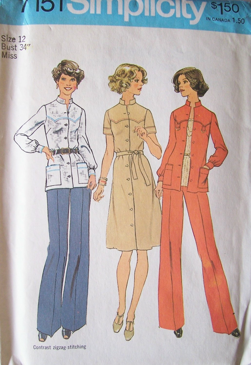 Vintage 70s Simplicity 7151 Front Button Standing Collar Dress Top and Pants Pattern Uncut Size 12