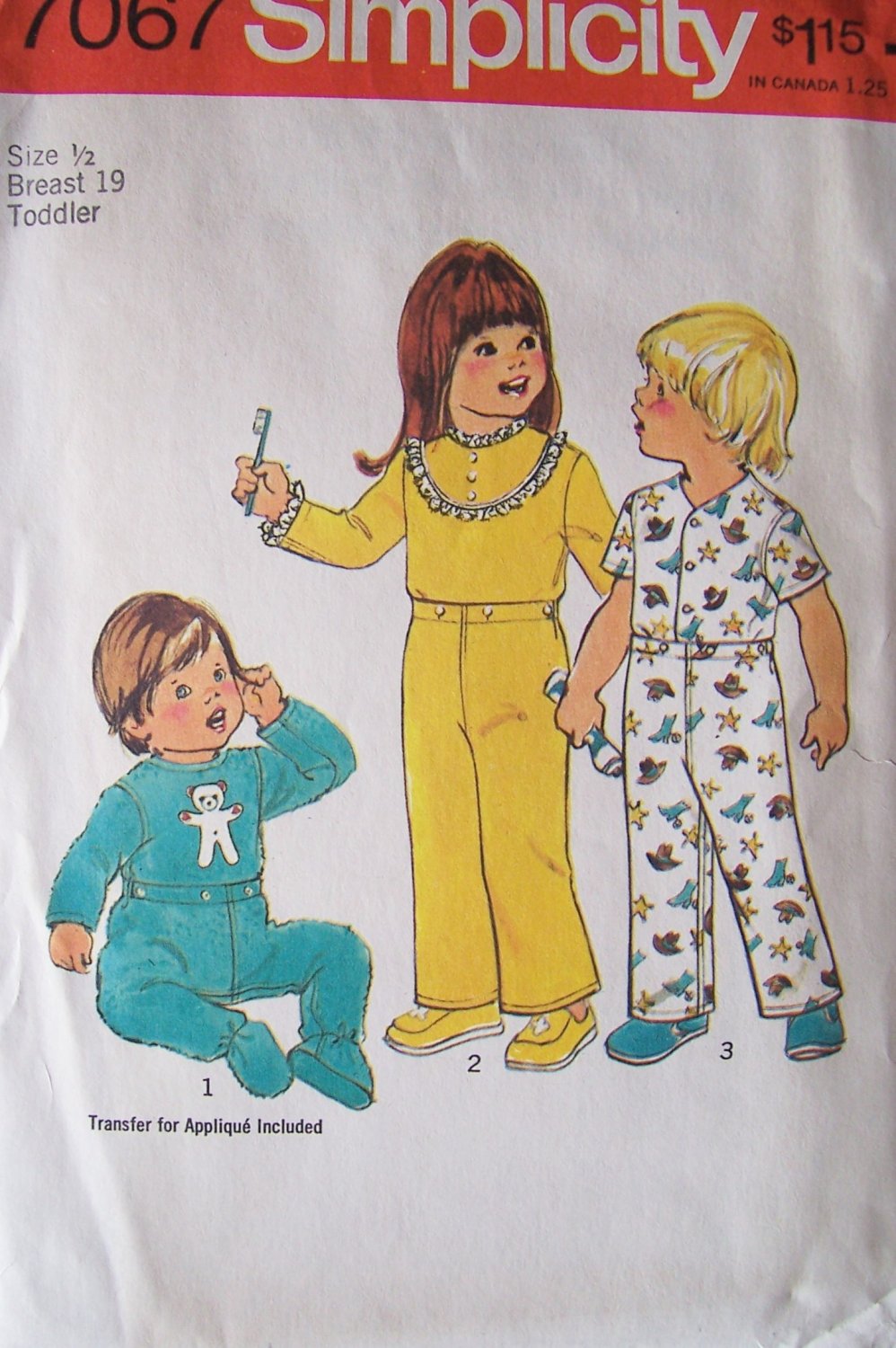 Vintage 70s Simplicity 7067 Toddlers Pajama Pattern Appliqué Bear Transfer Footed Pants Uncut