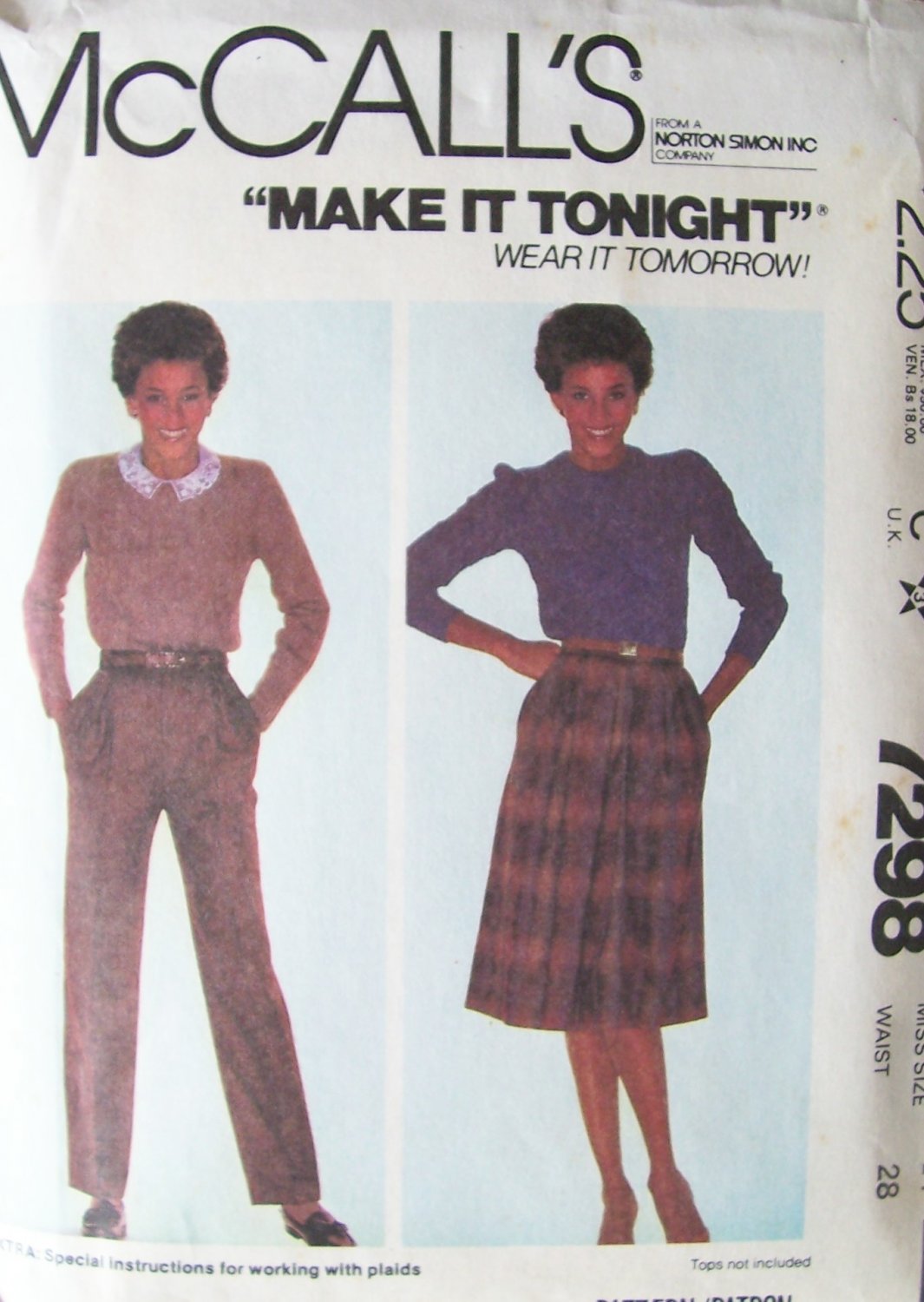 Vintage 80’s McCall’s 7298 Front Pleat Skirt and Pants Pattern Uncut Size 14 Waist: 28