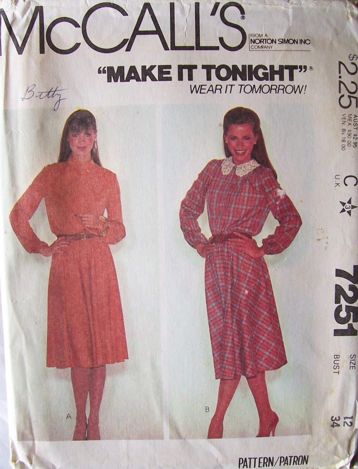 Vintage 1980 McCall’s 7251 Pullover Flared Skirt Long Sleeve Dress Pattern Uncut Size 12 Bust 34