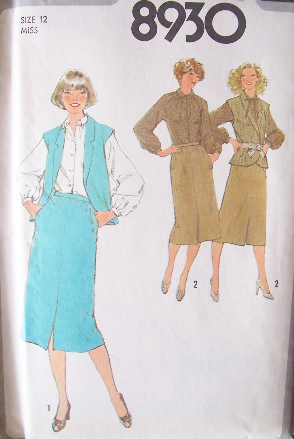 Vintage 70s Simplicity 8930 Shawl Collar Vest Skirt and Raglan Sleeve Blouse Pattern Uncut Size 12