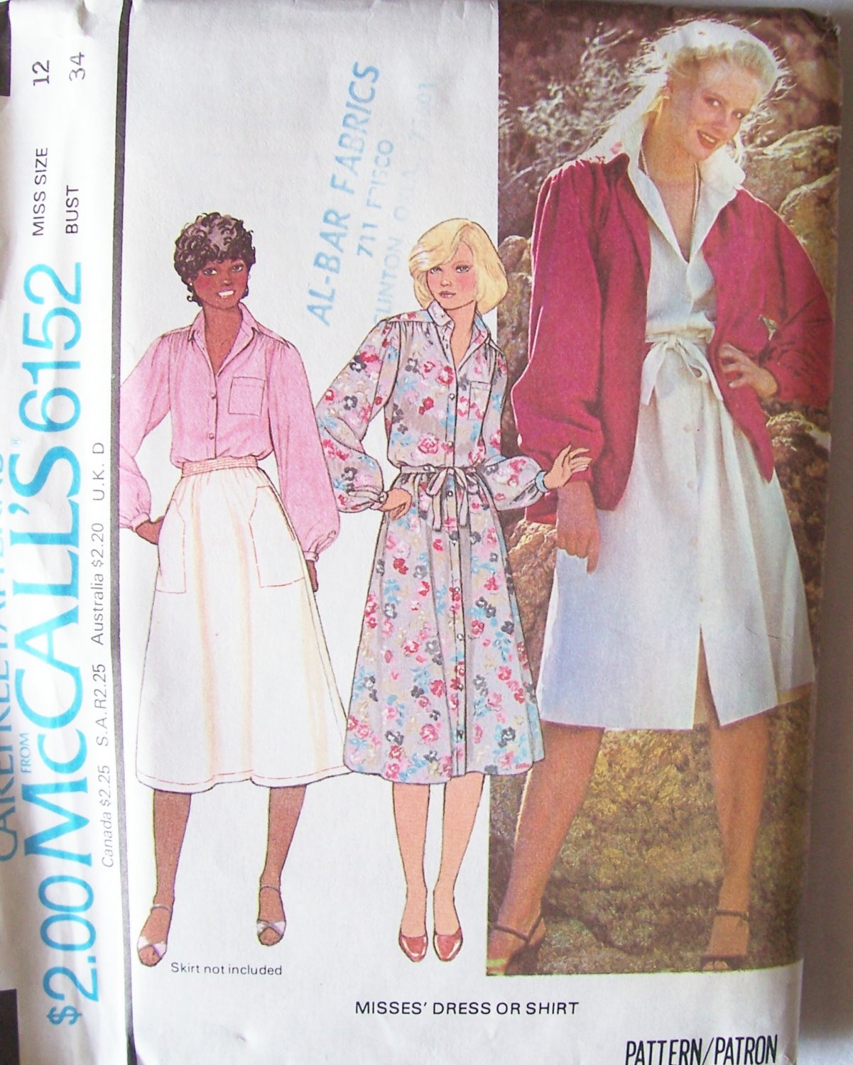 Vintage 70’s McCall’s 6152 Button Front Shirtdress or Shirt Pattern Uncut Size 12 Bust 34