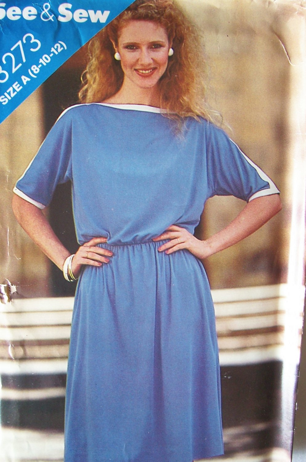 Vintage 80s Butterick 3273 Kimono Sleeve Dress Pattern Uncut Size 8-12 See and Sew